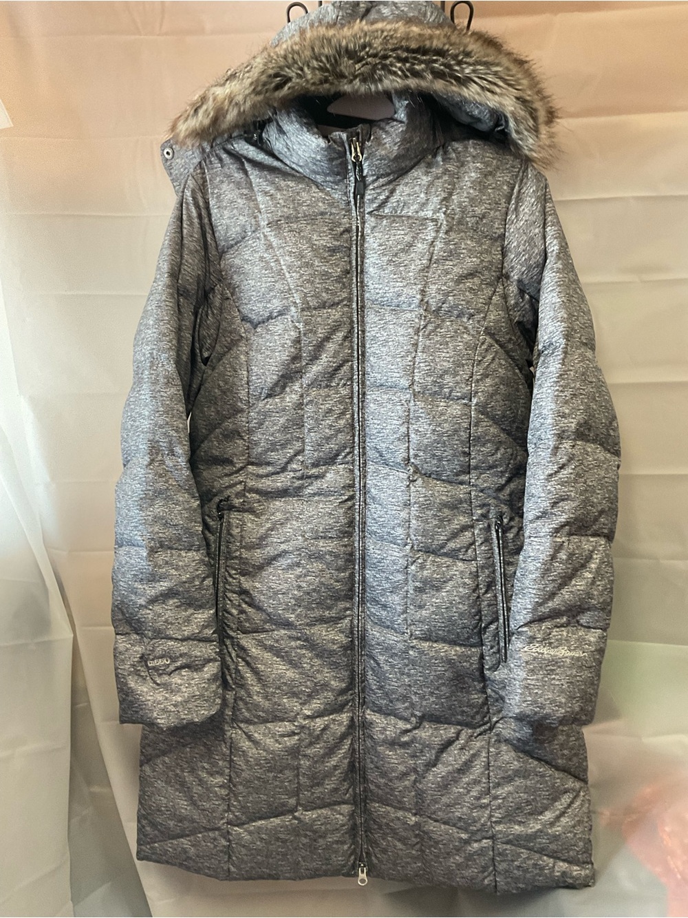 Eddie Bauer Gray Quilted Long Puffer Coat with Faux-Fur Hood